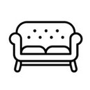 Schwarz-weiß Icon eines gepolsterten Sofas mit Armlehnen, symbolisiert Loungemöbel oder komfortable Eventausstattung.