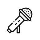 Schwarz-weiß Icon eines Mikrofons mit Stativ, symbolisiert Live-Musik, Moderation oder Bühnentechnik bei Events.