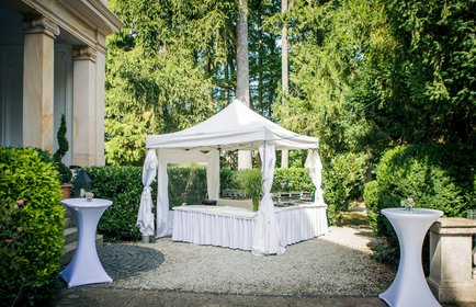 Weißes Partyzelt mit Buffet im eleganten Garten, umgeben von Bäumen und Hecken, festlich dekoriert für Outdoor-Event bei Sonnenschein.