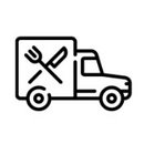 Schwarz-weiß Icon eines Lieferwagens mit Gabel und Messer, symbolisiert Cateringservice oder Essenslieferung für Events.