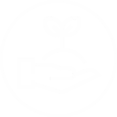 Weißes Icon mit einer Hand, die eine Pflanze hält, symbolisiert Nachhaltigkeit, Umweltschutz und verantwortungsbewussten Umgang mit Ressourcen.