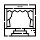 Schwarz-weiß Icon einer Theaterbühne mit Vorhang und Treppe, symbolisiert Eventlocation oder Bühne für Auftritte.