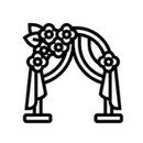 Schwarz-weiß Icon eines Blumenhochzeitsbogens mit Vorhängen und floraler Dekoration, symbolisiert Traubogen für Zeremonien im Freien.