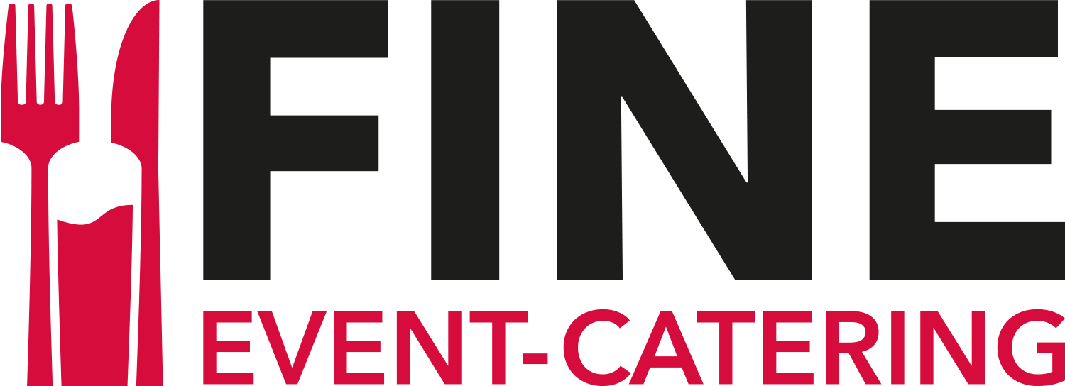 Logo von FINE Event-Catering mit stilisiertem Besteck in Rot und modernem Schriftzug für professionelles Catering.